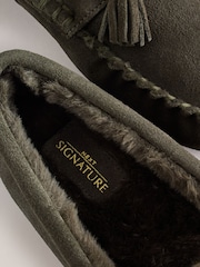 Khaki Green Suede Tassle Moccasin Slippers - Image 5 of 6