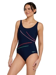 Zoggs Adjustable Scoopback Ecolast Blue Swimsuit with Fixed Foam Cups and Tummy Control - Image 1 of 6