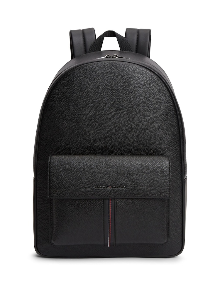 Tommy Hilfiger Black Flap Pocket Pebble Grain Dome Backpack - Image 1 of 3 Tommy Hilfiger Black Flap Pocket Pebble Grain Dome Backpack - Image 1 of 3