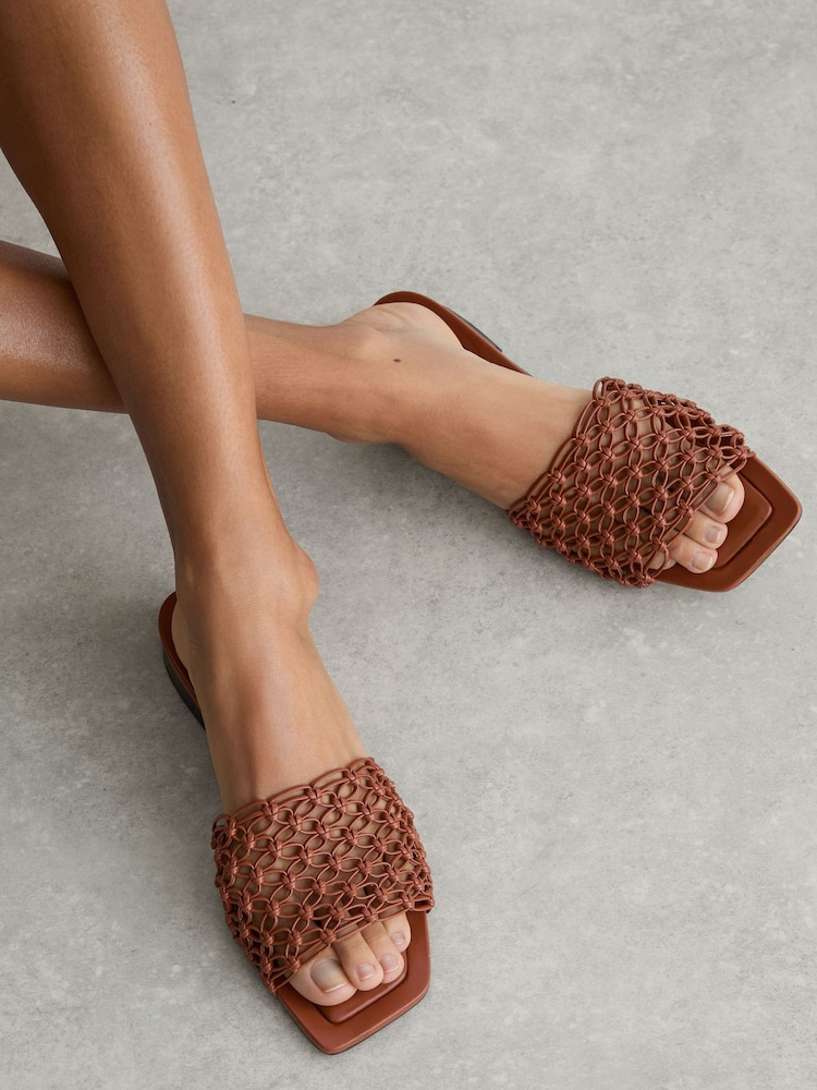 Reiss Tan Mabel Woven Flat Slip-On Sandals - Image 1 of 5 Reiss Tan Mabel Woven Flat Slip-On Sandals - Image 1 of 5