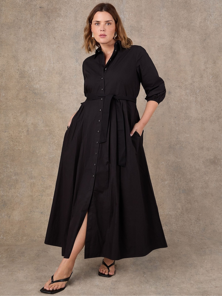 black cotton poplin dress Black cotton poplin summer dress with gathered waist detail