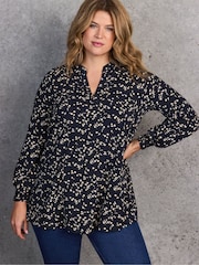 Live Unlimited Blue Petite Ditsy Print Nehru Collar Tunic - Image 1 of 4