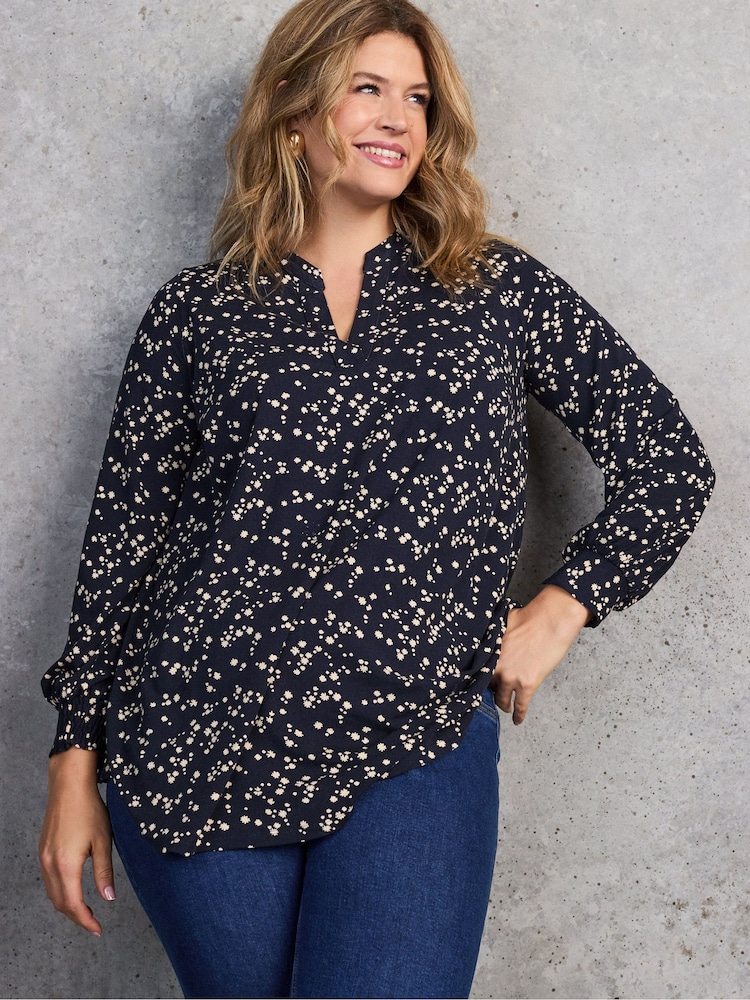 Live Unlimited Blue Petite Ditsy Print Nehru Collar Tunic - Image 2 of 4