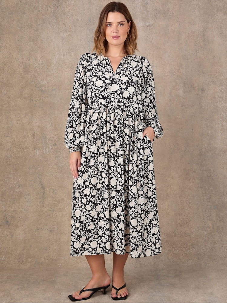 Live Unlimited Black Petite Floral Print Tie Neck Day Dress - Image 1 of 2