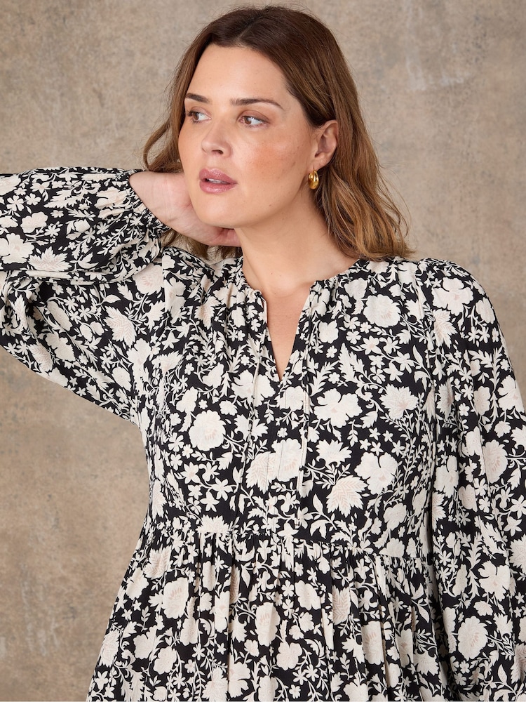 Live Unlimited Black Petite Floral Print Tie Neck Day Dress - Image 2 of 2