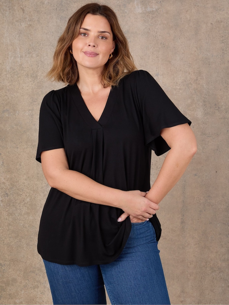 Live Unlimited Black Flutter Sleeve Pleat Front Top - Image 2 of 4 Live Unlimited Black Flutter Sleeve Pleat Front Top - Image 2 of 4