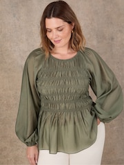 Live Unlimited Green Shirred Long Sleeve Top - Image 1 of 4