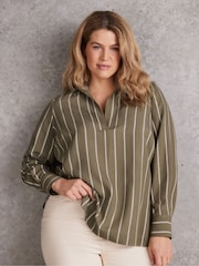Live Unlimited Green Khaki Striped Long Sleeve Collared Shirt - Image 1 of 5