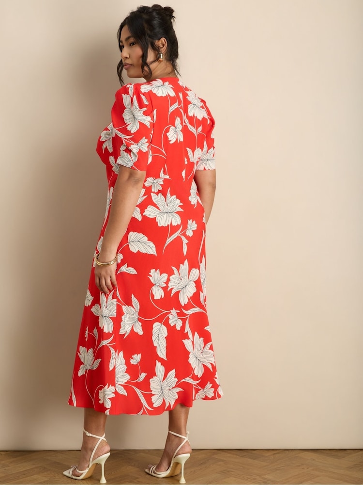 Live Unlimited Red Floral V-Neck Puff Sleeve Midaxi Dress - Image 6 of 6
