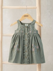 Mamas & Papas Green Floral Embroidered Pinafore Dress - Image 1 of 3