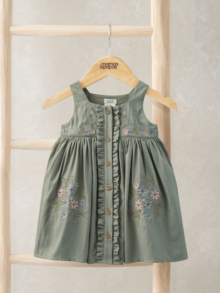 Mamas & Papas Green Floral Embroidered Pinafore Dress - Image 1 of 3 Mamas & Papas Green Floral Embroidered Pinafore Dress - Image 1 of 3