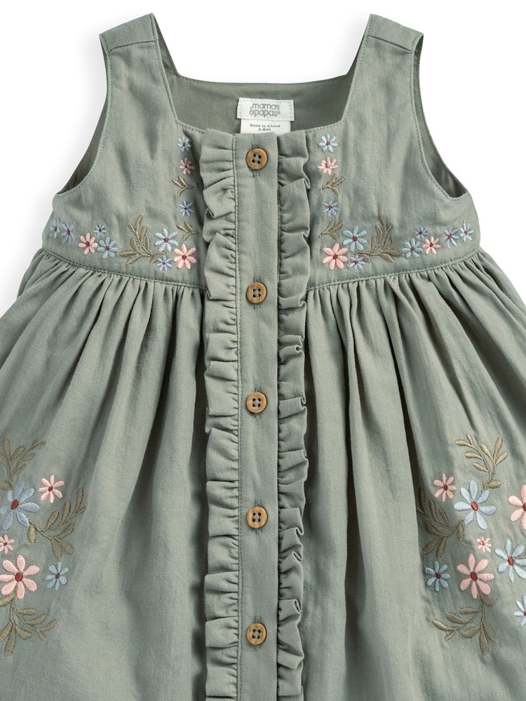 Mamas & Papas Green Floral Embroidered Pinafore Dress - Image 3 of 3 Mamas & Papas Green Floral Embroidered Pinafore Dress - Image 3 of 3