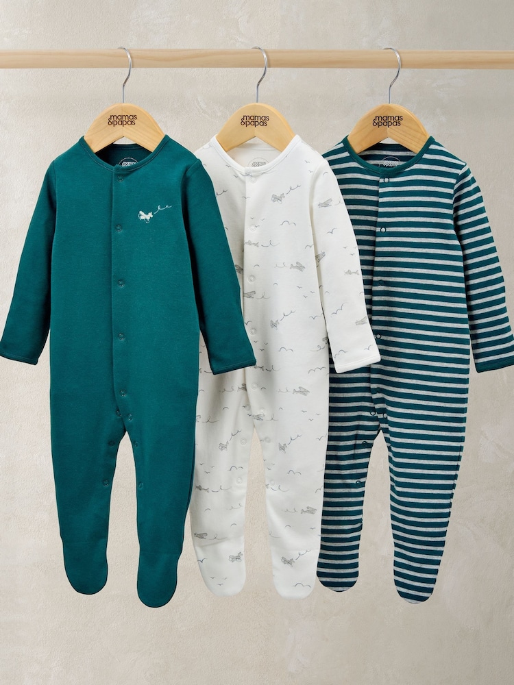 Mamas & Papas Blue Planes Stripe Sleepsuits Pack Of 3 - Image 1 of 1