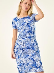 Roman Blue Petite Lace Print Gathered Stretch Dress - Image 2 of 5
