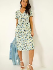 Roman Blue Petite Floral V-Neck Stretch Dress - Image 1 of 5