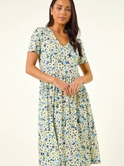 Roman Blue Petite Floral V-Neck Stretch Dress - Image 2 of 5