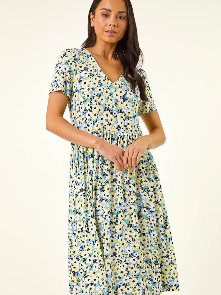 Roman Blue Petite Floral V-Neck Stretch Dress - Image 2 of 5