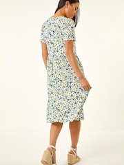 Roman Blue Petite Floral V-Neck Stretch Dress - Image 3 of 5