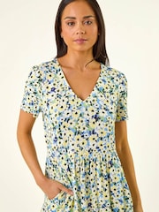 Roman Blue Petite Floral V-Neck Stretch Dress - Image 4 of 5