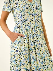 Roman Blue Petite Floral V-Neck Stretch Dress - Image 5 of 5