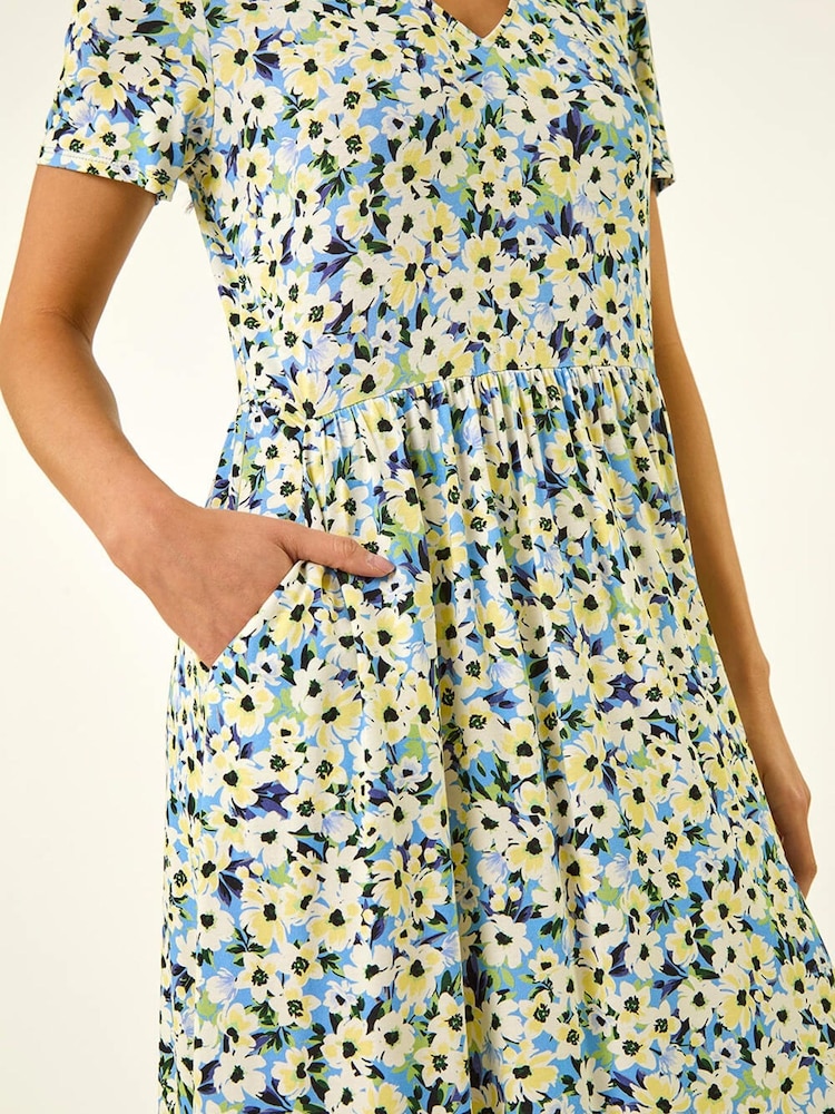 Roman Blue Petite Floral V-Neck Stretch Dress - Image 5 of 5
