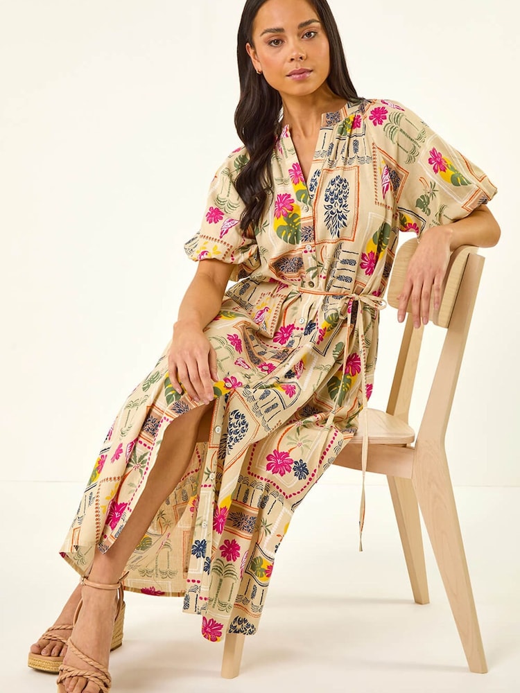 Roman Brown Petite Postcard Tie Waist Midi Dress - Image 1 of 5