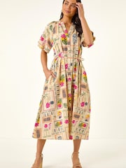 Roman Brown Petite Postcard Tie Waist Midi Dress - Image 2 of 5