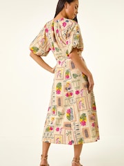 Roman Brown Petite Postcard Tie Waist Midi Dress - Image 3 of 5