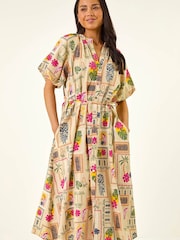 Roman Brown Petite Postcard Tie Waist Midi Dress - Image 4 of 5