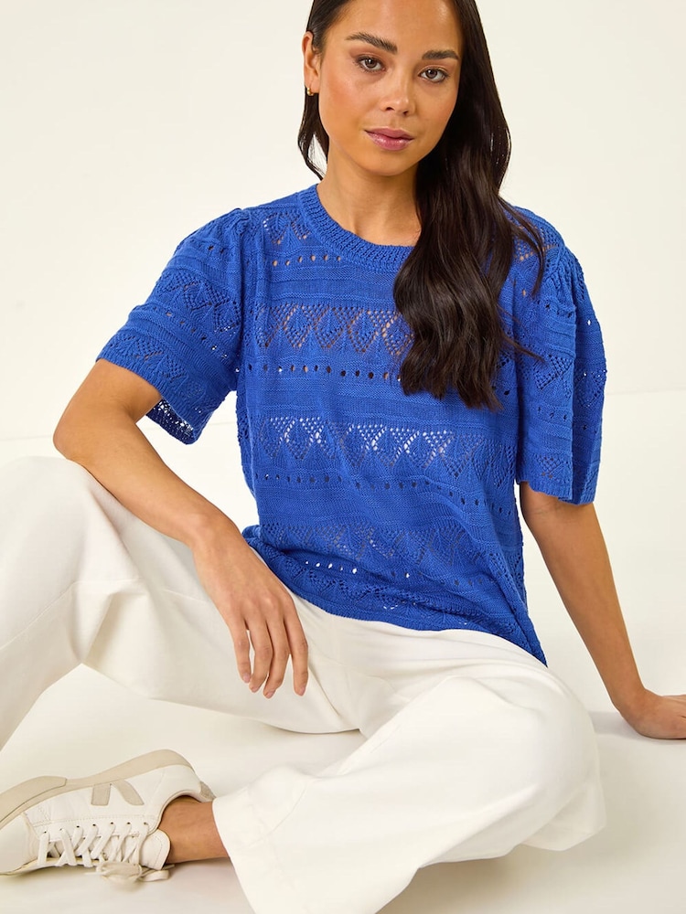 Roman Blue Womens Pointelle Knit Blouses - Image 1 of 5
