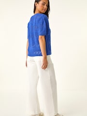 Roman Blue Womens Pointelle Knit Blouses - Image 3 of 5