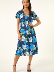 Roman Blue Petite Floral Print Button Dress - Image 2 of 5
