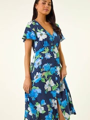 Roman Blue Petite Floral Print Button Dress - Image 4 of 5