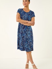 Roman Blue Petite Leaf Print Stretch Dress - Image 2 of 5