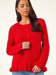 Roman Red Textured Frill Hem Knit Cardigan - Image 4 of 5