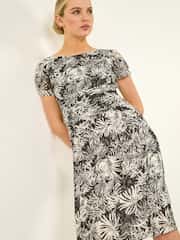 Roman Black Petite Lace Print Gathered Stretch Dress - Image 1 of 5