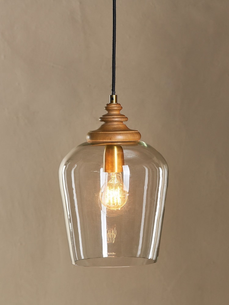 Nkuku Natural Varuna Mango Wood & Glass Pendant Lamp - Image 1 of 4
