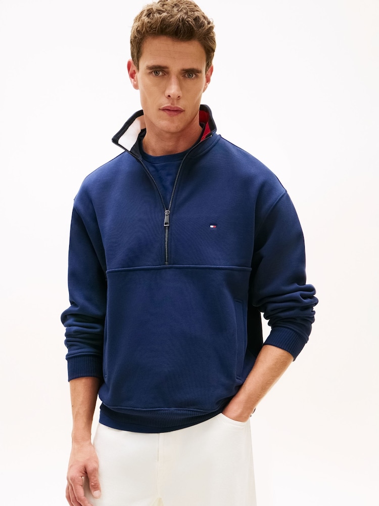Tommy Hilfiger Frottee-Halbzip-Pullover mit farblich abgesetztem Kragen - Bild 1 von 5