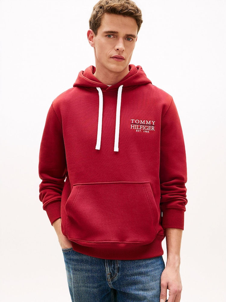 Tommy Hilfiger Red Heritage Logo Embroidery Drawstring Hoodie - Image 1 of 5