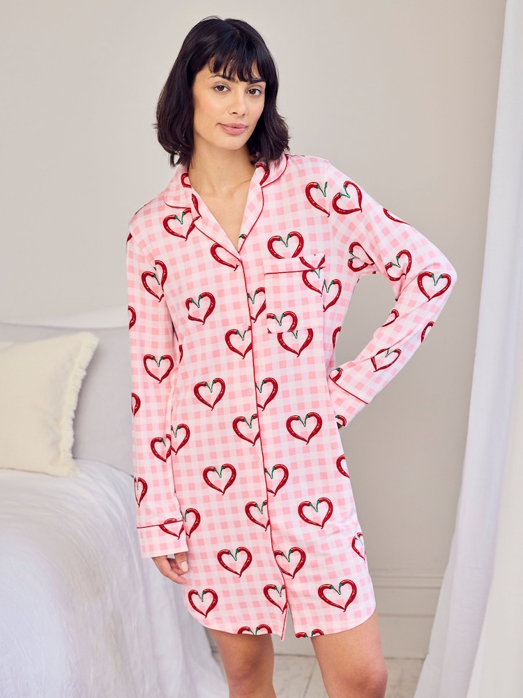 Chelsea Peers Pink Nightshirt Chilli Heart Print Long Pyjamas Set - Image 1 of 7