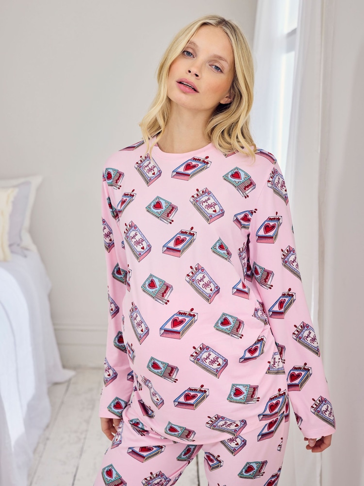 Chelsea Peers Pink Maternity Valentine's Perfect Match Print Long Pyjamas Set - Image 6 of 6