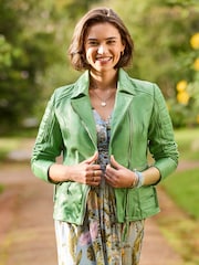 Joe Browns Green Ruby Blue Leather Collared Biker Jacket - Image 1 of 5