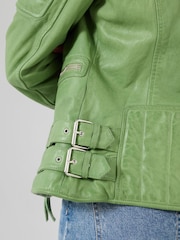 Joe Browns Green Ruby Blue Leather Collared Biker Jacket - Image 2 of 5