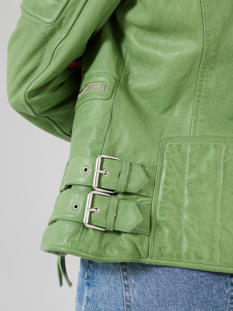 Joe Browns Green Ruby Blue Leather Collared Biker Jacket - Image 2 of 5