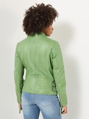Joe Browns Green Ruby Blue Leather Collared Biker Jacket - Image 3 of 5