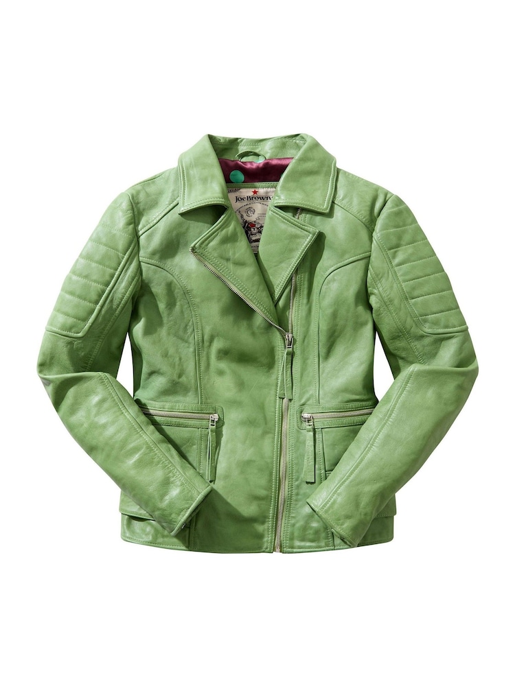 Joe Browns Green Ruby Blue Leather Collared Biker Jacket - Image 5 of 5