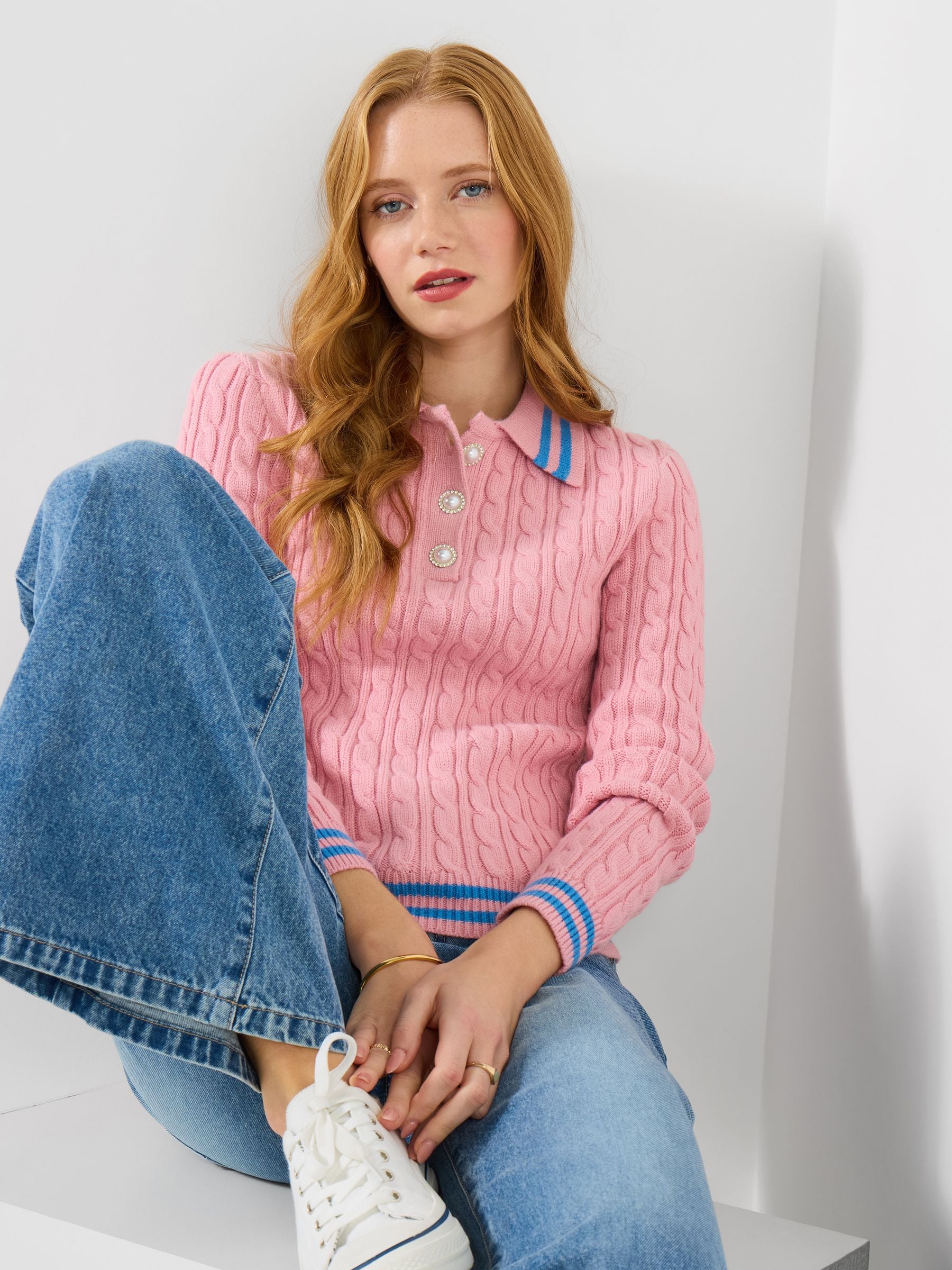 Buy Joe Browns Pink Frankie Collared Cable Knit Jumper from the