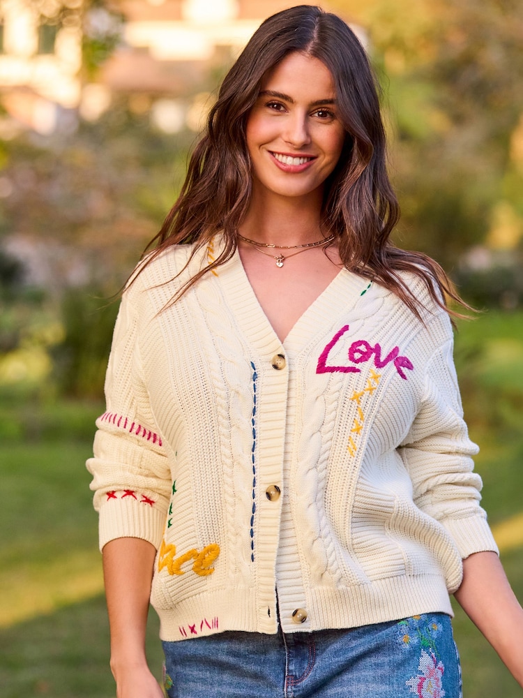 Joe Browns Cream Amour Embroidered Cable Knit Cardigan - Image 1 of 6