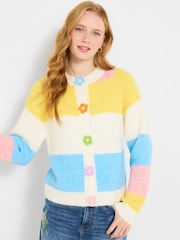 Joe Browns Cream Lola Flower Button Stripe Cardigan - Image 1 of 5