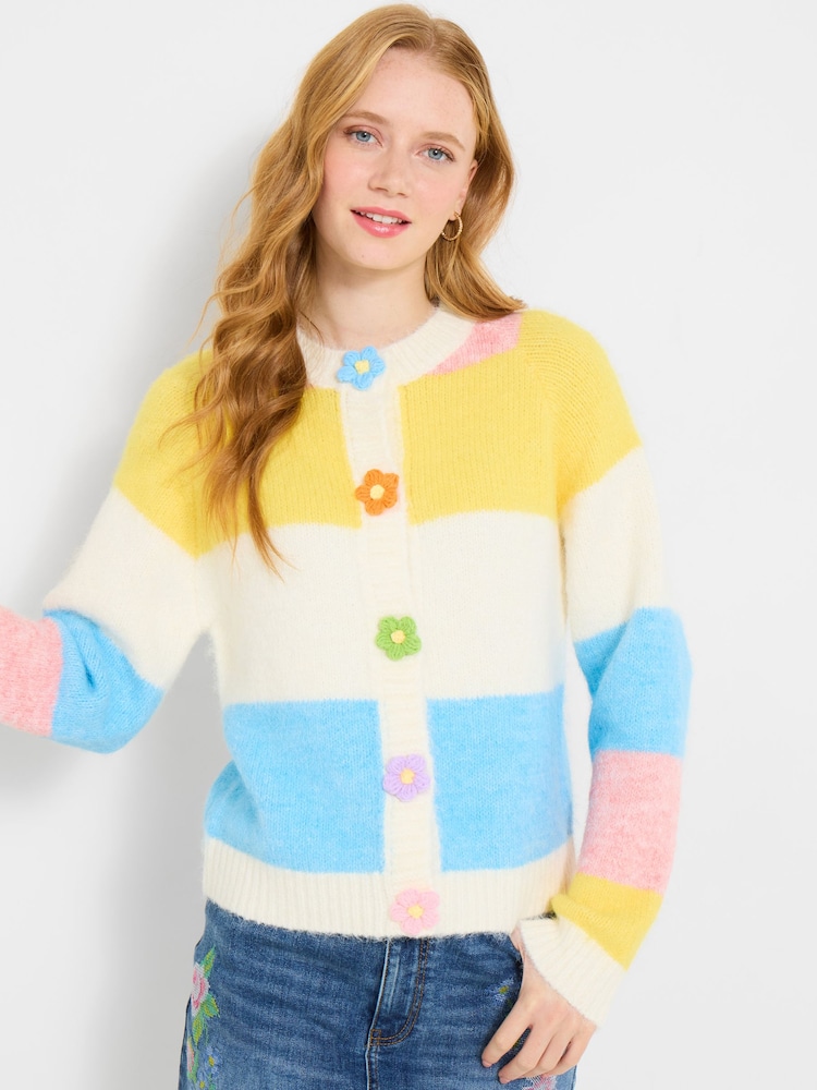 Joe Browns Cream Lola Flower Button Stripe Cardigan - Image 1 of 5